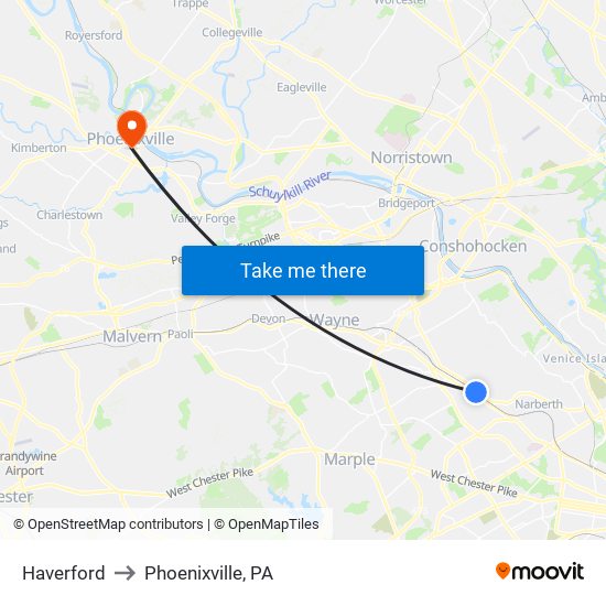 Haverford to Phoenixville, PA map