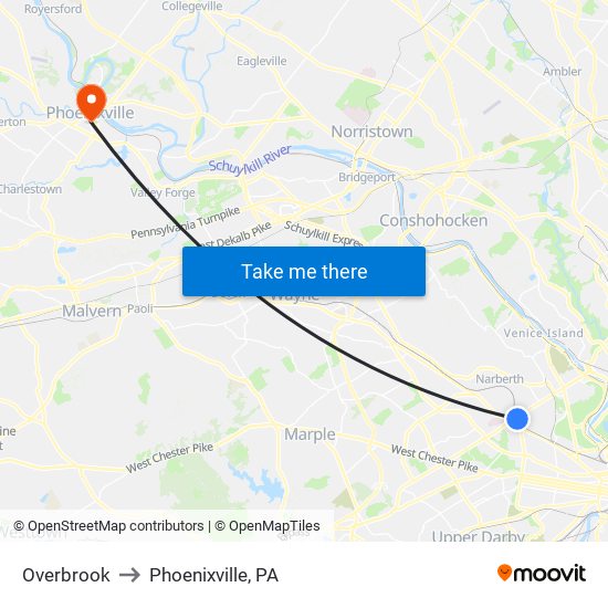 Overbrook to Phoenixville, PA map