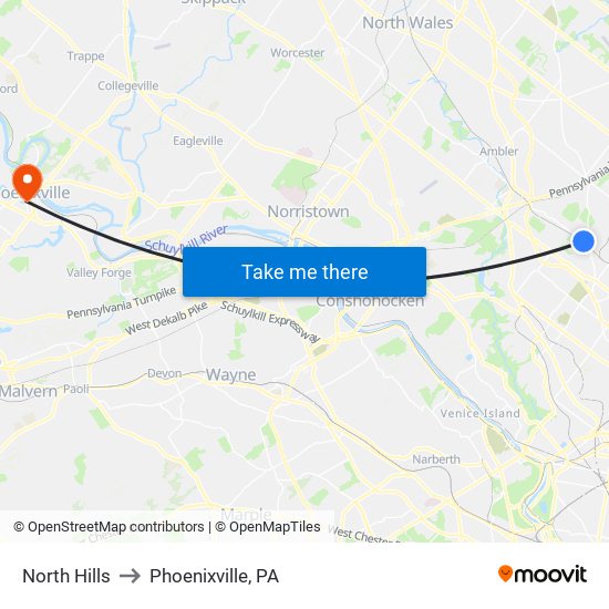 North Hills to Phoenixville, PA map