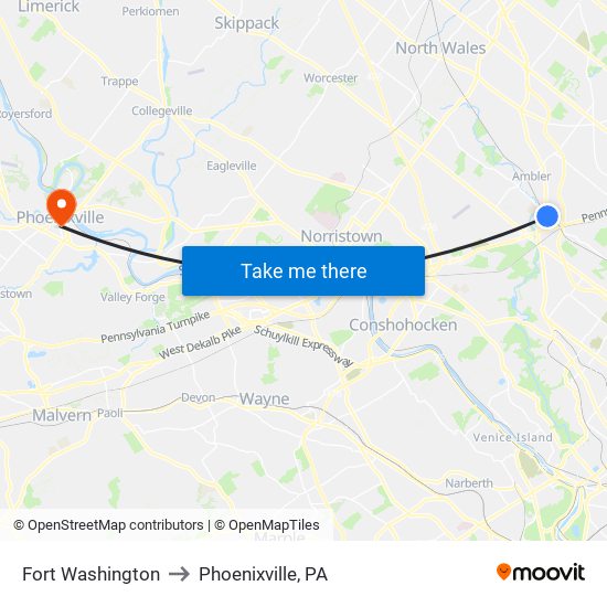 Fort Washington to Phoenixville, PA map