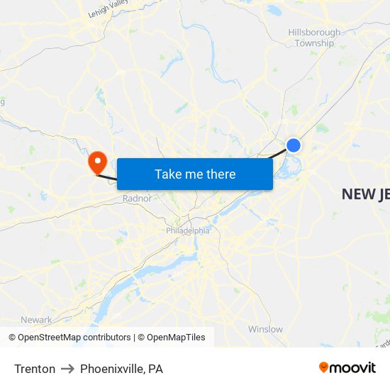 Trenton to Phoenixville, PA map