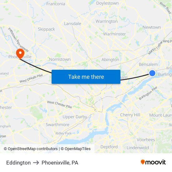 Eddington to Phoenixville, PA map