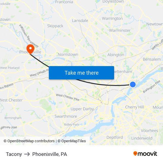 Tacony to Phoenixville, PA map