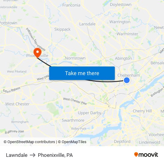 Lawndale to Phoenixville, PA map