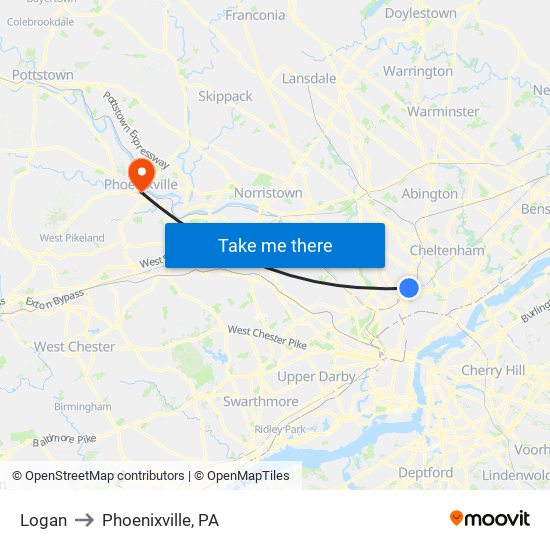 Logan to Phoenixville, PA map