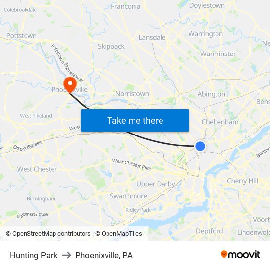 Hunting Park to Phoenixville, PA map