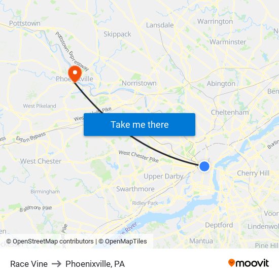 Race Vine to Phoenixville, PA map