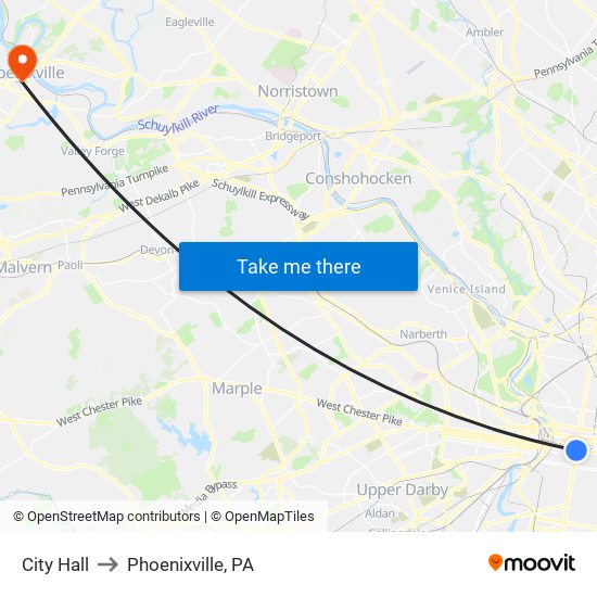 City Hall to Phoenixville, PA map