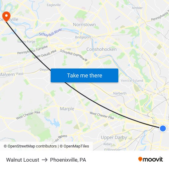 Walnut Locust to Phoenixville, PA map