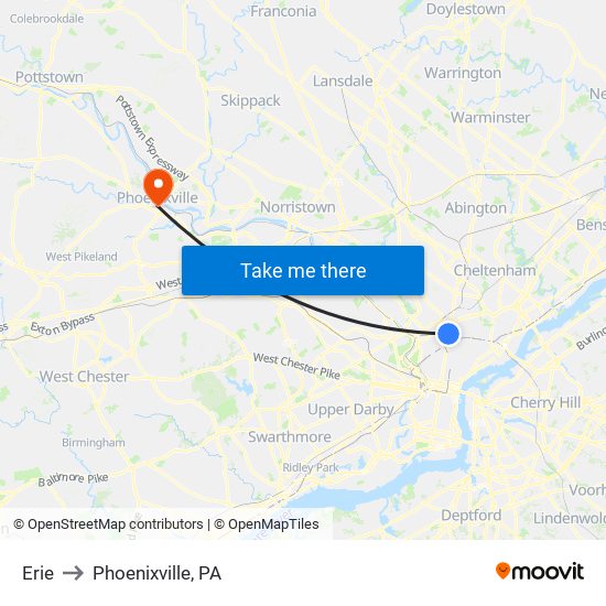 Erie to Phoenixville, PA map