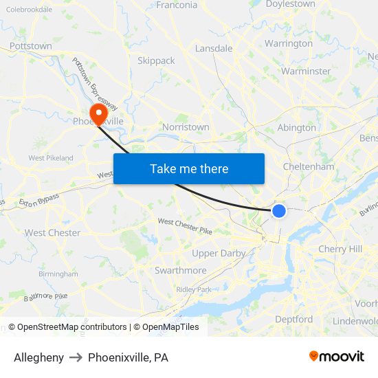 Allegheny to Phoenixville, PA map