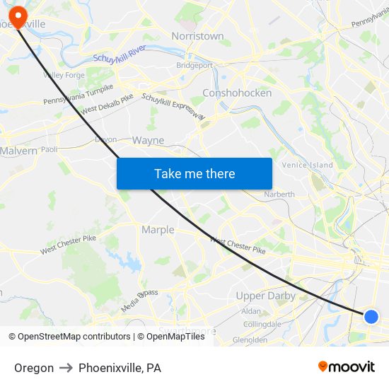 Oregon to Phoenixville, PA map