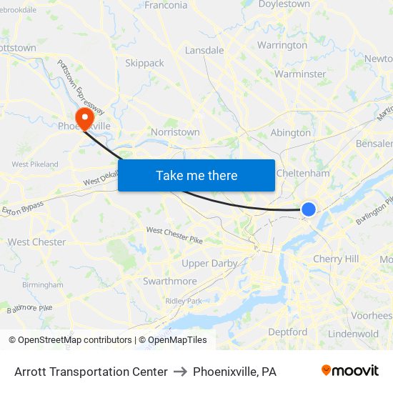 Arrott Transportation Center to Phoenixville, PA map