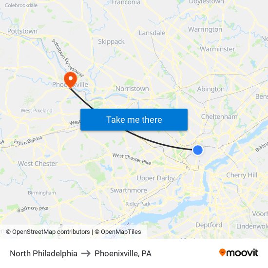 North Philadelphia to Phoenixville, PA map