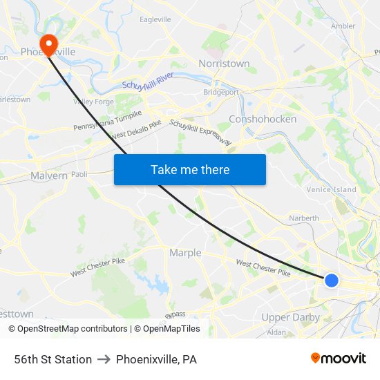 56th St Station to Phoenixville, PA map