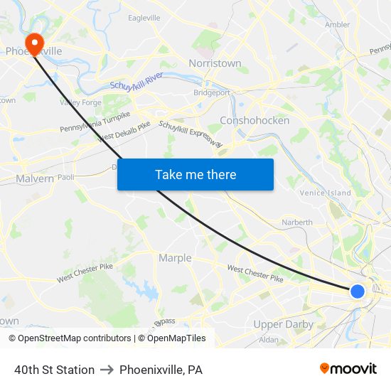 40th St Station to Phoenixville, PA map