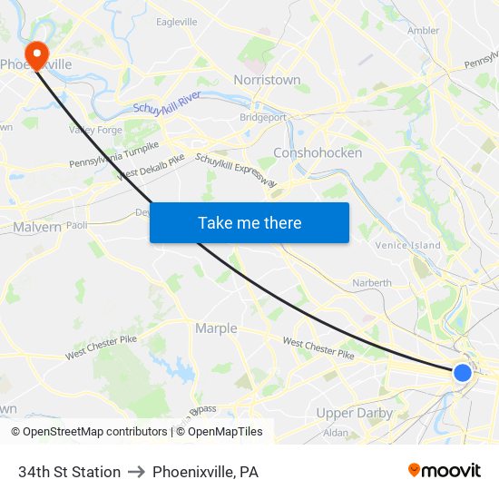 34th St Station to Phoenixville, PA map