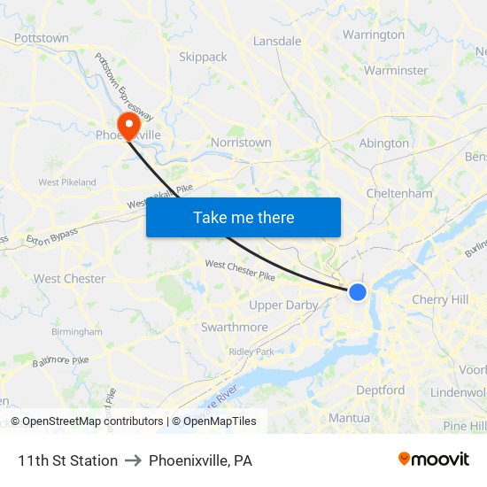 11th St Station to Phoenixville, PA map