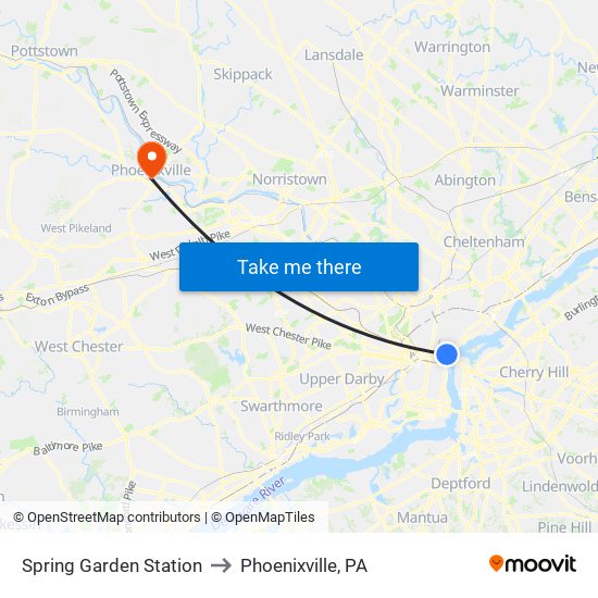 Spring Garden Station to Phoenixville, PA map