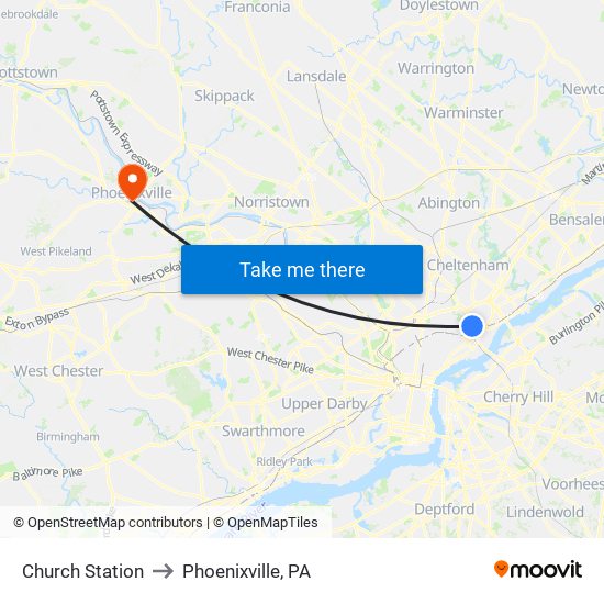 Church Station to Phoenixville, PA map