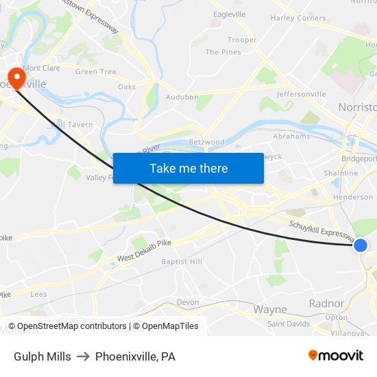 Gulph Mills to Phoenixville, PA map
