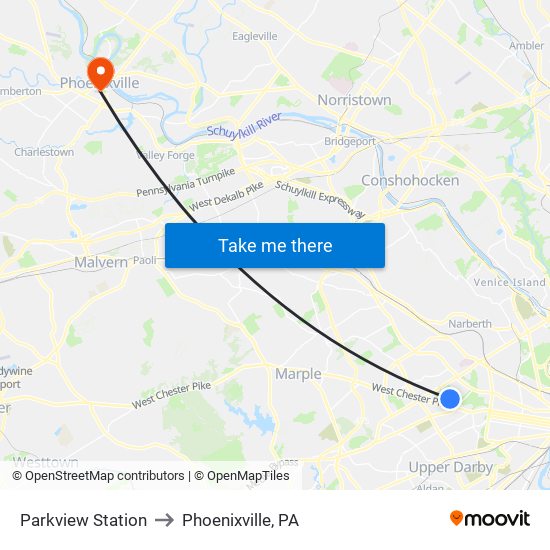 Parkview Station to Phoenixville, PA map