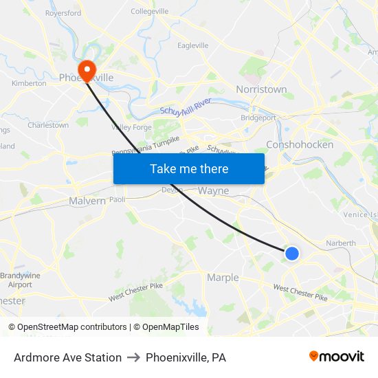 Ardmore Ave Station to Phoenixville, PA map