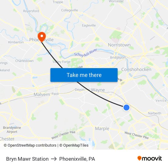 Bryn Mawr Station to Phoenixville, PA map