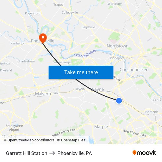 Garrett Hill Station to Phoenixville, PA map