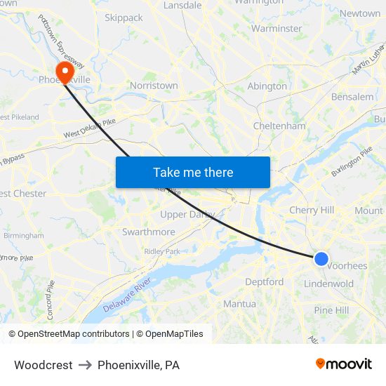Woodcrest to Phoenixville, PA map