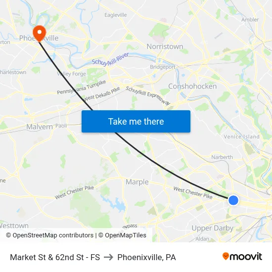 Market St & 62nd St - FS to Phoenixville, PA map