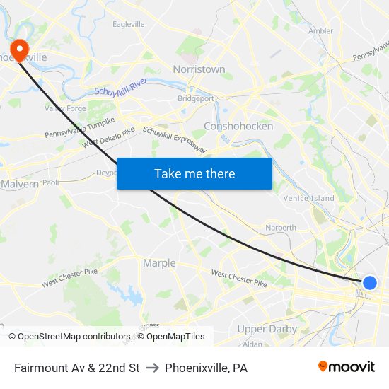 Fairmount Av & 22nd St to Phoenixville, PA map