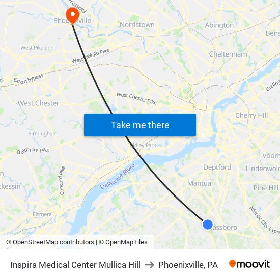 Inspira Medical Center Mullica Hill to Phoenixville, PA map