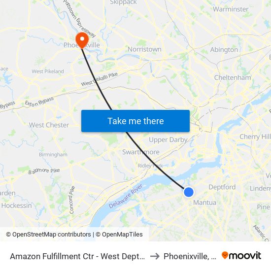 Amazon Fulfillment Ctr - West Deptford to Phoenixville, PA map