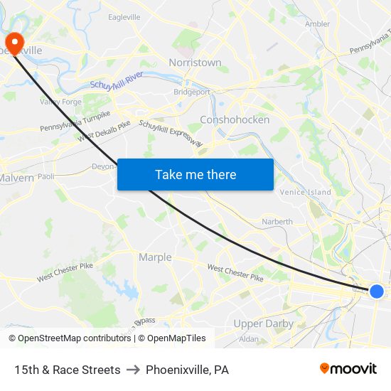 15th & Race Streets to Phoenixville, PA map