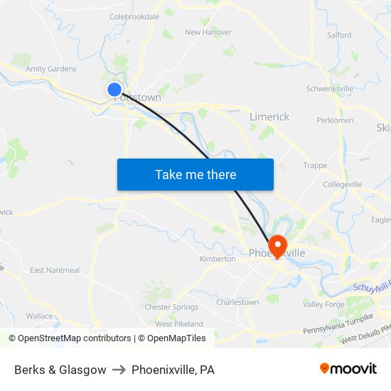 Berks & Glasgow to Phoenixville, PA map
