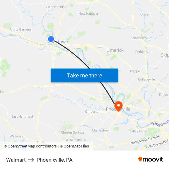 Walmart to Phoenixville, PA map