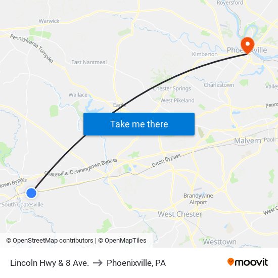 Lincoln Hwy & 8 Ave. to Phoenixville, PA map