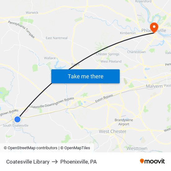 Coatesville Library to Phoenixville, PA map