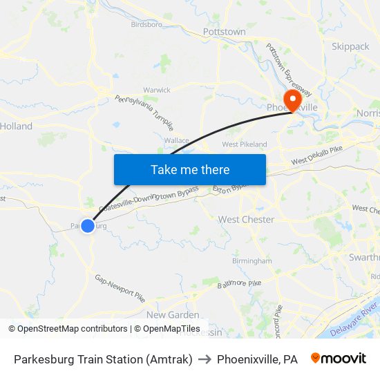 Parkesburg Train Station (Amtrak) to Phoenixville, PA map