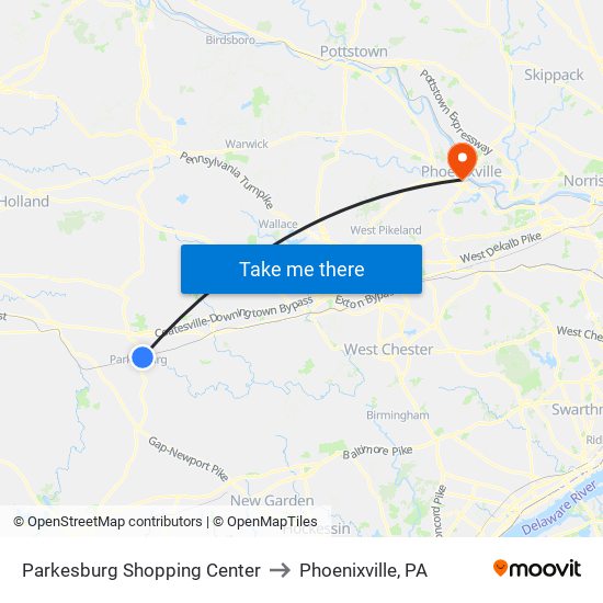 Parkesburg Shopping Center to Phoenixville, PA map
