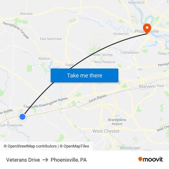 Veterans Drive to Phoenixville, PA map