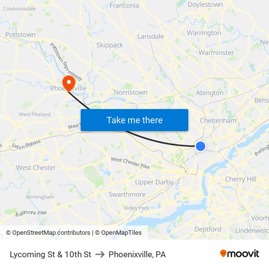 Lycoming St & 10th St to Phoenixville, PA map