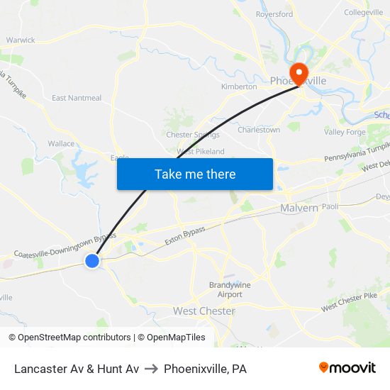 Lancaster Av & Hunt Av to Phoenixville, PA map
