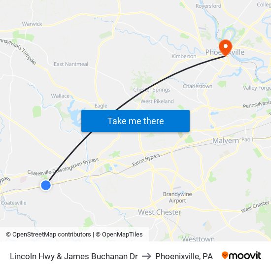 Lincoln Hwy & James Buchanan Dr to Phoenixville, PA map