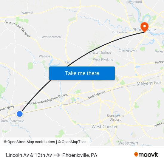 Lincoln Av & 12th Av to Phoenixville, PA map