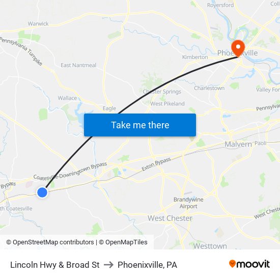 Lincoln Hwy & Broad St to Phoenixville, PA map