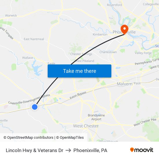 Lincoln Hwy & Veterans Dr to Phoenixville, PA map