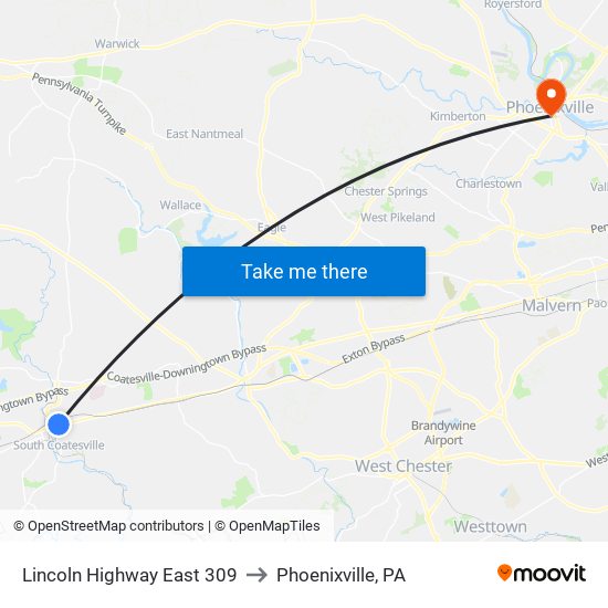 Lincoln Highway East 309 to Phoenixville, PA map