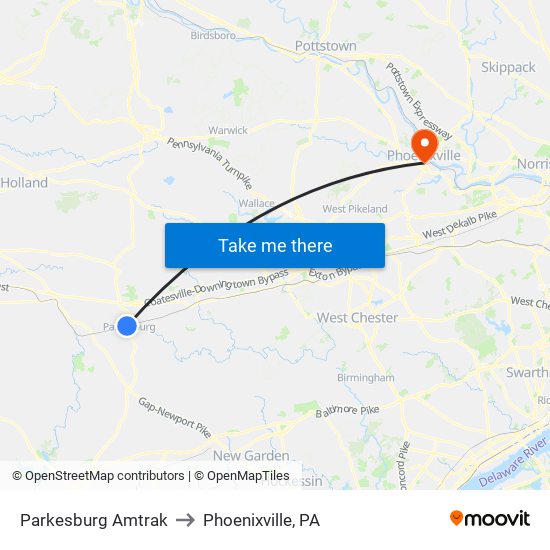 Parkesburg Amtrak to Phoenixville, PA map